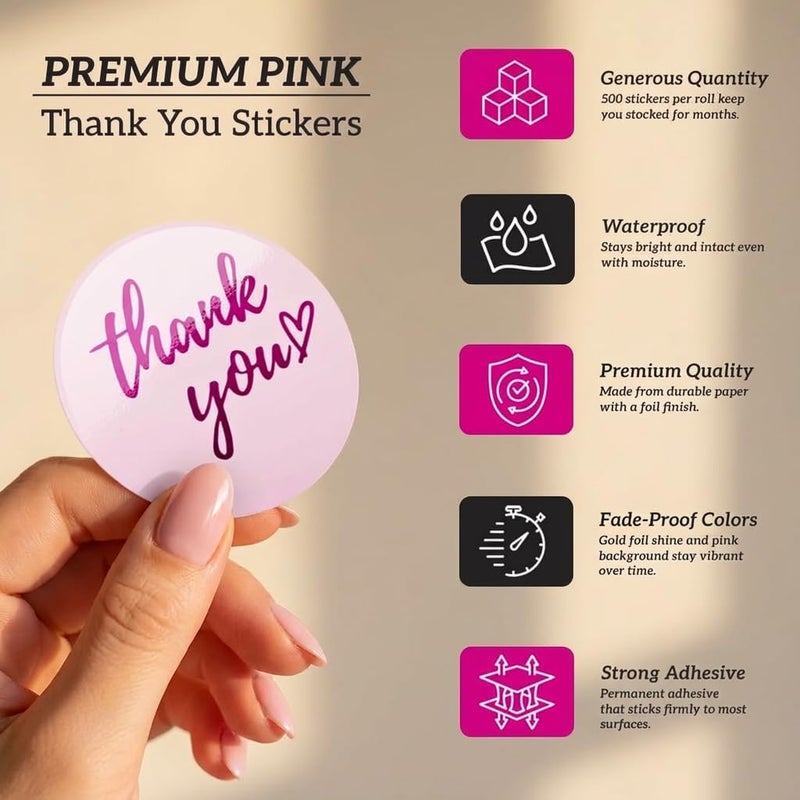 IBAKE 500 Pcs Thank You Stickers Roll – 1.5” Pink Round Labels with Purple Hot Stamping Foil Script & Heart Design, Elegant Small Business Packaging Stickers for Bags, Boxes, Envelopes & Party Favors - Image 2